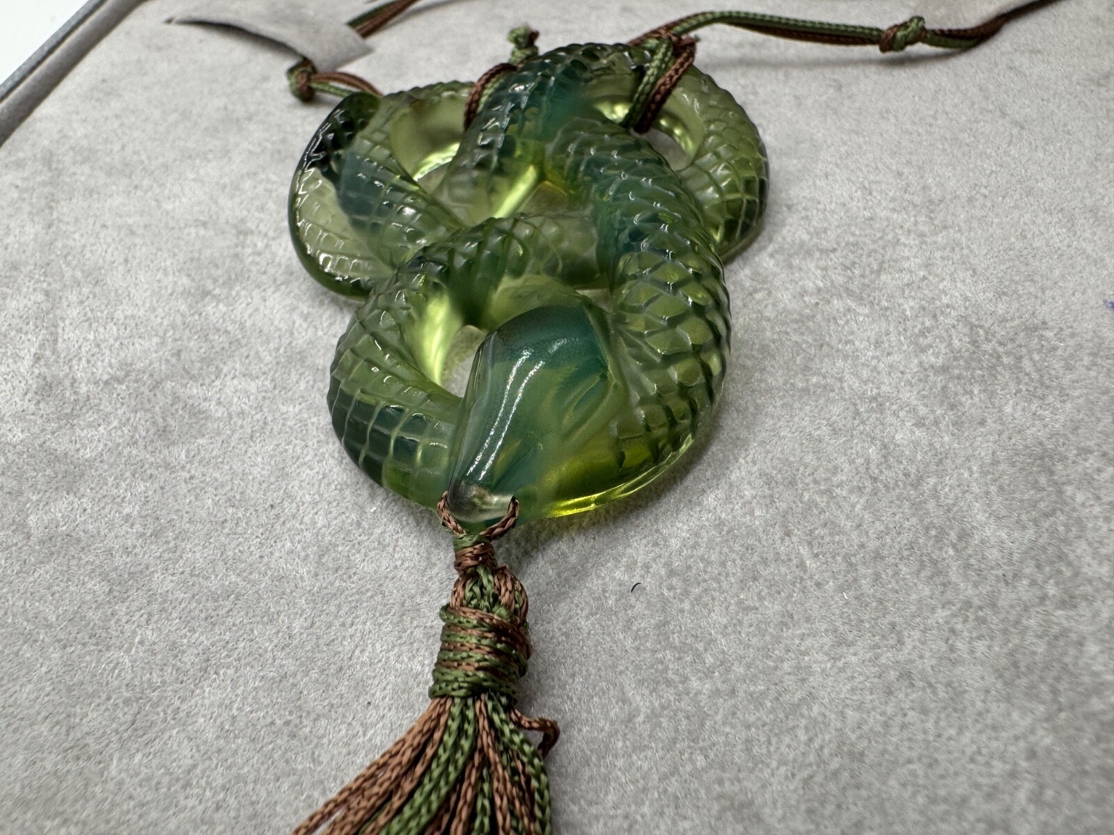 Lalique France Crystal Green Snake Serpent Pendant Silk Cord Necklace w/ Box