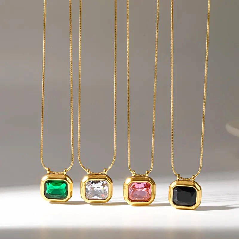 Yellow Gold Plated Chain Necklace w/ Square Bezel-Set Black Crystal Pendant