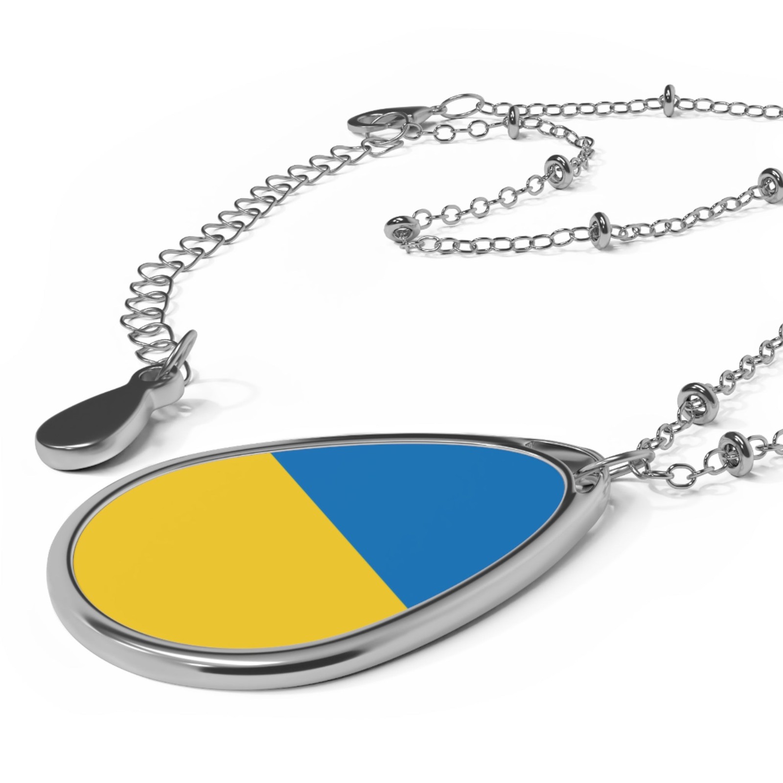 Ukraine Flag Oval Necklace – Zinc Alloy Pendant – One Size / Silver