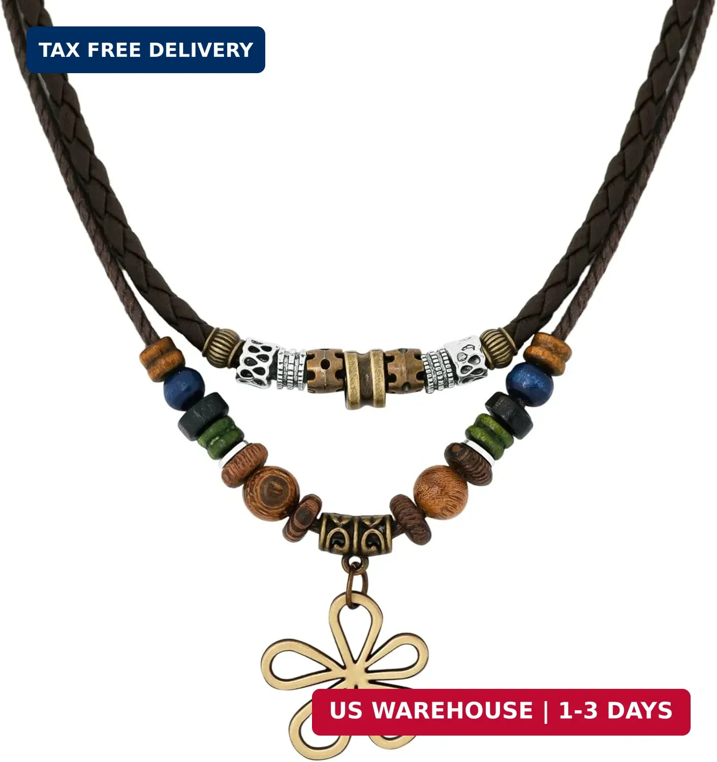 MINACHI Layered Boho Wood Bead Choker Necklace, Hollow Flower Charm, Personality