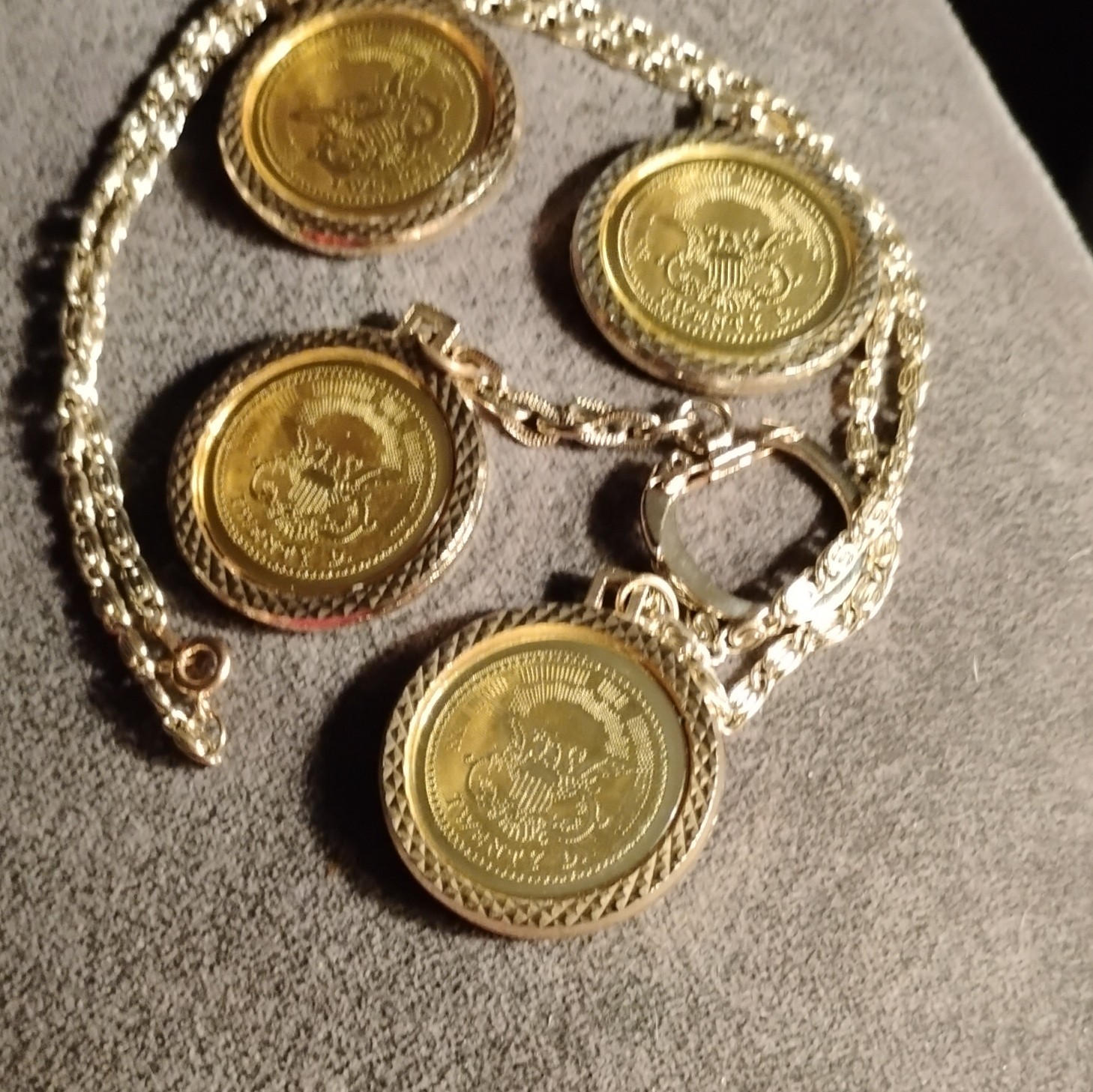 4 Reproduction Gold Tone 20 Dollar Coins