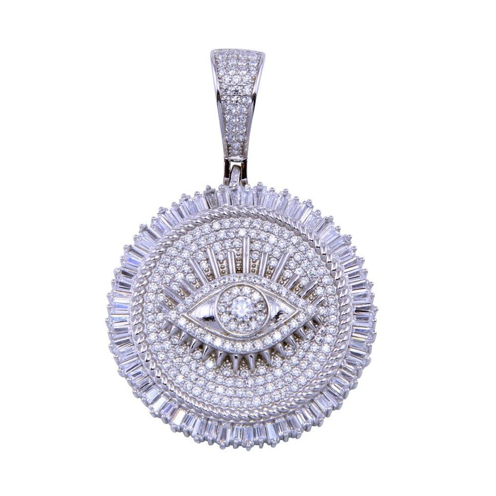 Rhodium Plated 925 Sterling Silver CZ Encrusted Eye Disc Medallion Halo Pendant