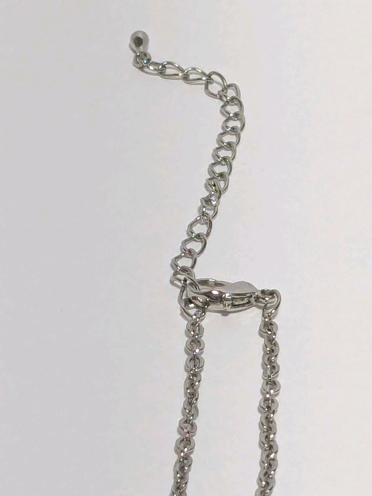 Silver Tone Chain Necklace With Clear Glass Beads & Faceted Rectangular Pendant