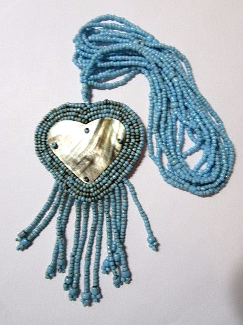 LIGHT BLUE MULTISTRAND SEED BEADED NECKLACE AND SHELL HEART PENDANT CONTEMPORARY