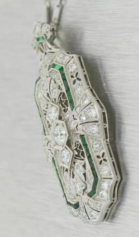 3Ct Art Deco Style Lab Created Diamond & Emerald Enagagement 925 Silver Pendant