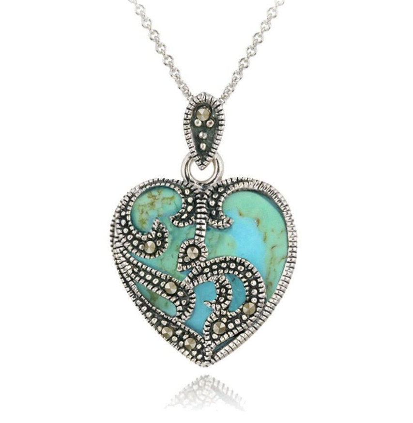 925 Sterling Silver Plated Marcasite Turquoise Heart Pendant Necklace 19” N20