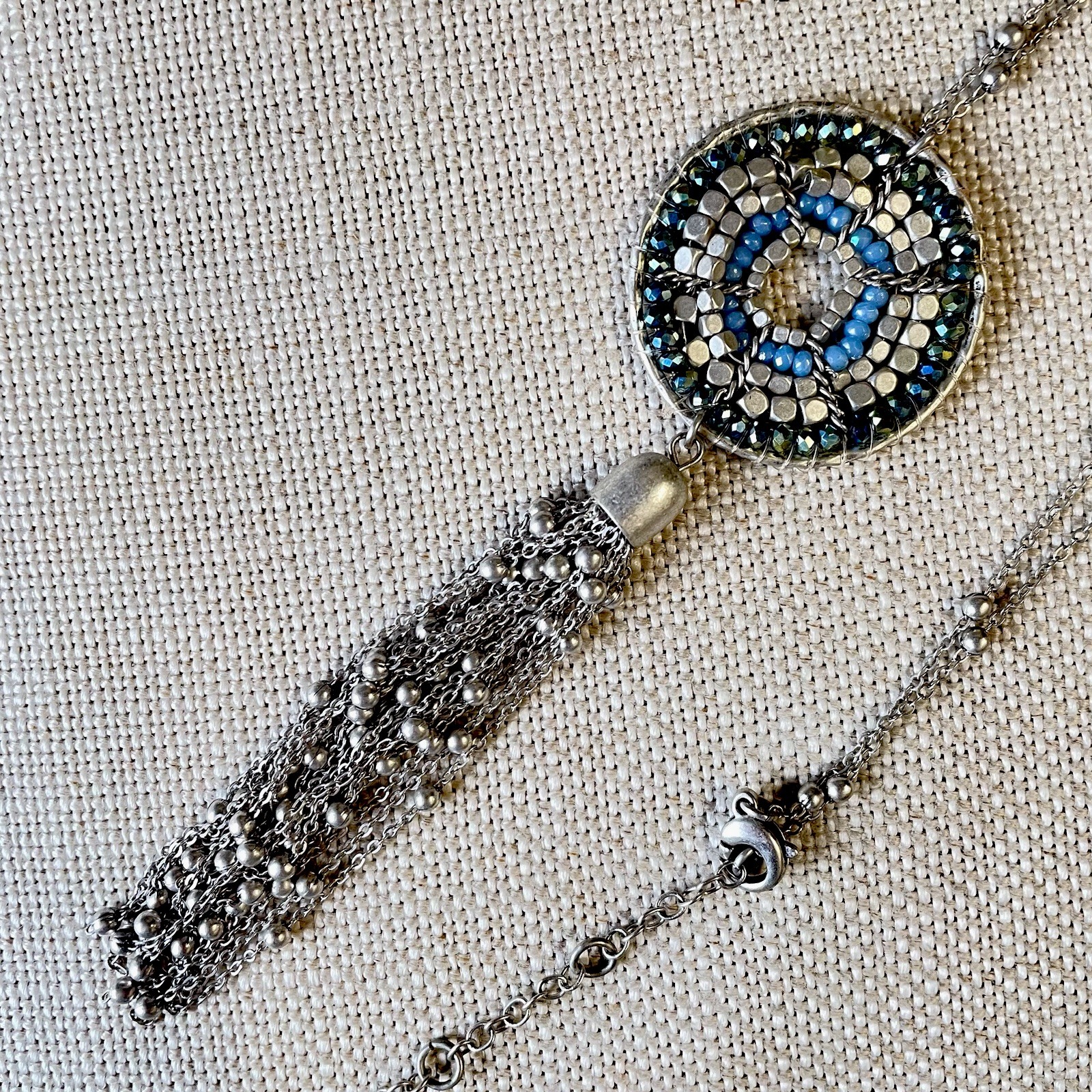 Signed KARMA BELLA Silver Tone Blue Beaded Mosaic Pendant Tassel Necklace Boho
