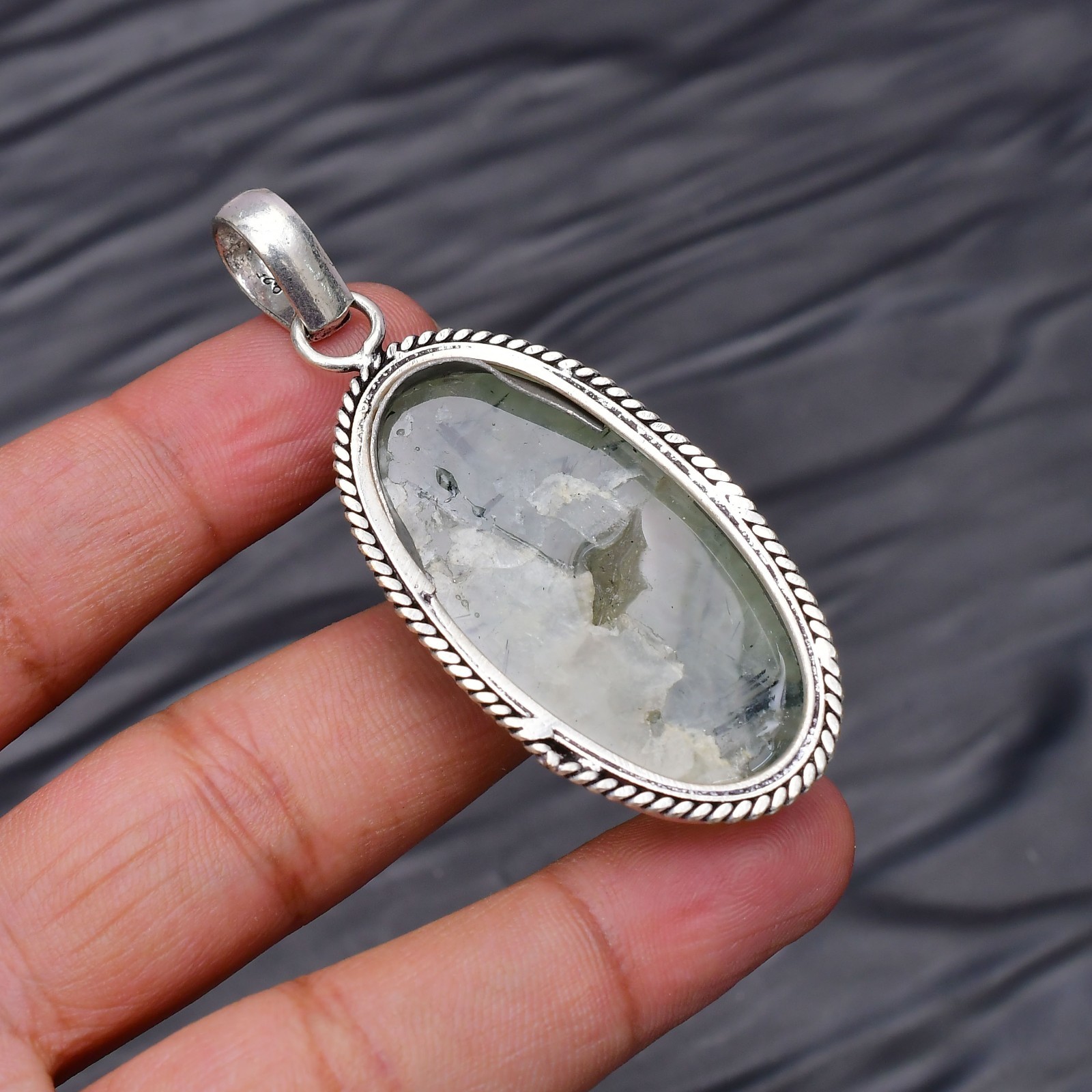 Prehnite Gemstone 925 Sterling Silver Jewelry Pendant 2.59″