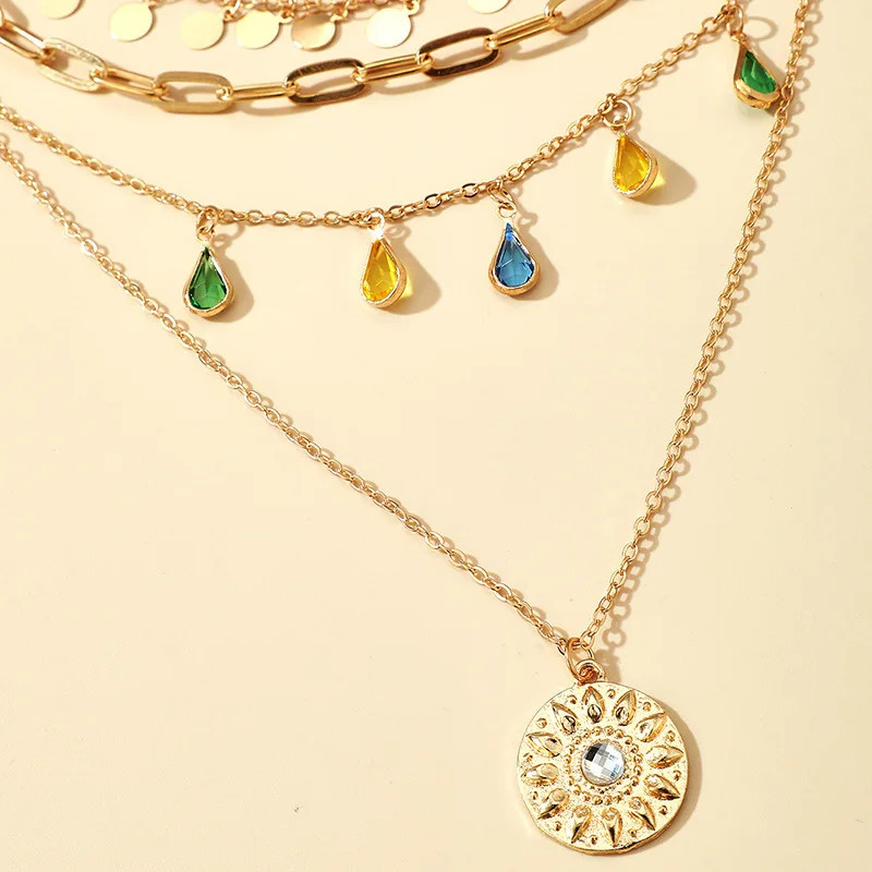 Bohemian Geometric Circular Tassel Crystal Multi-Layer Necklace Women’s Ethnic F