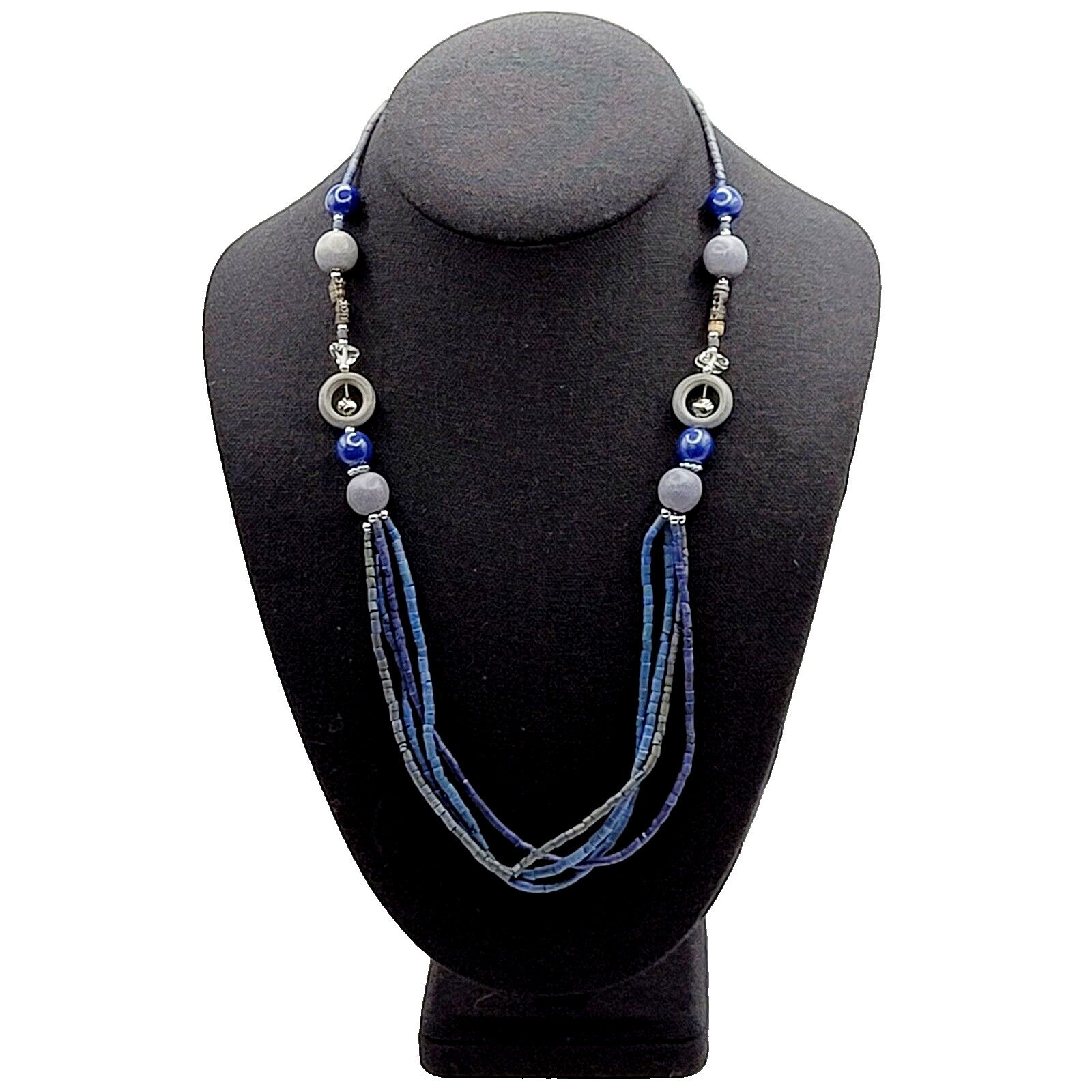 Mixed Material Wood Glass Metal Blue Heishi Style Multi Strand Beaded Necklace