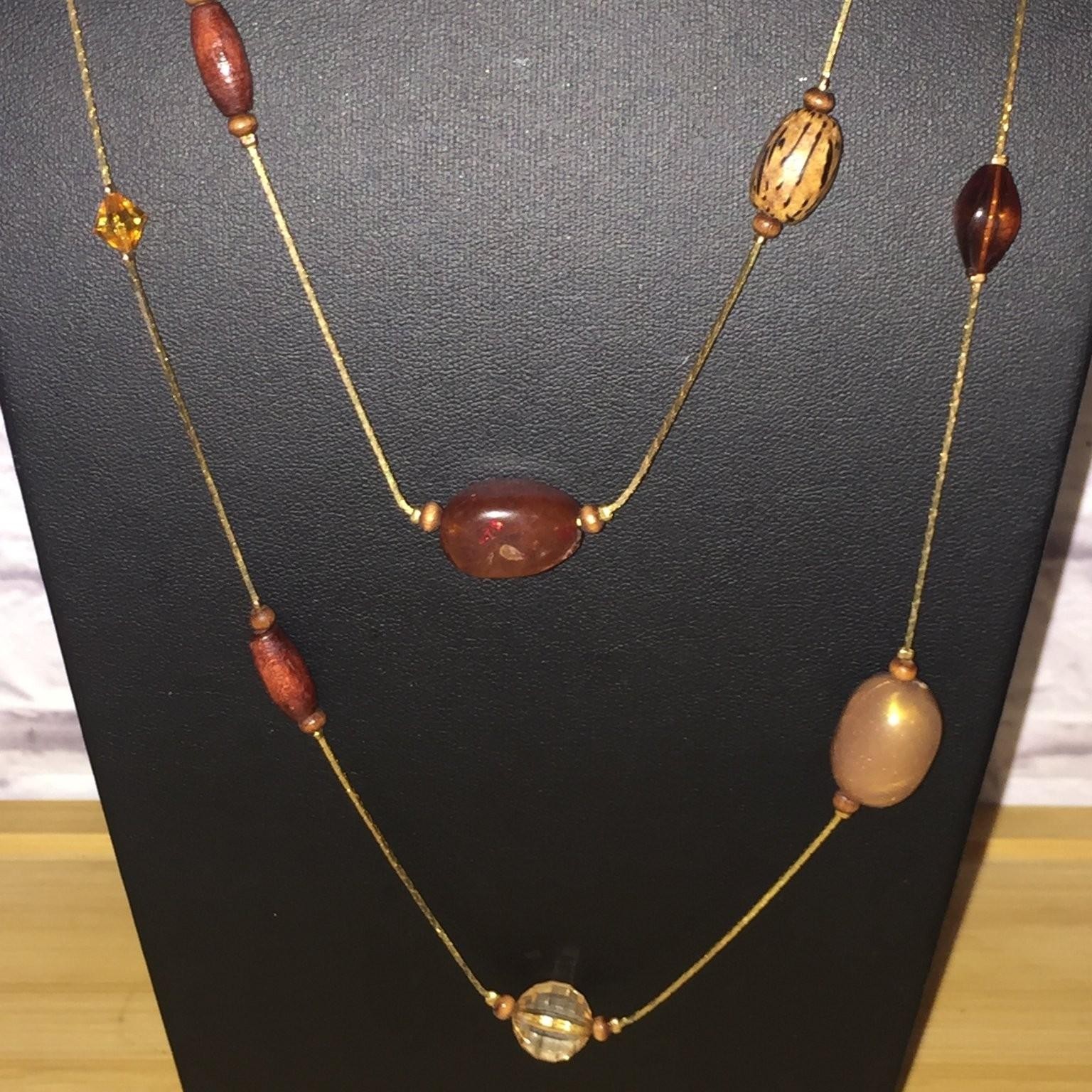 Boho Long Multistrand Beaded Necklace Gold Tone Wood Acrylic Resin Stone Boho