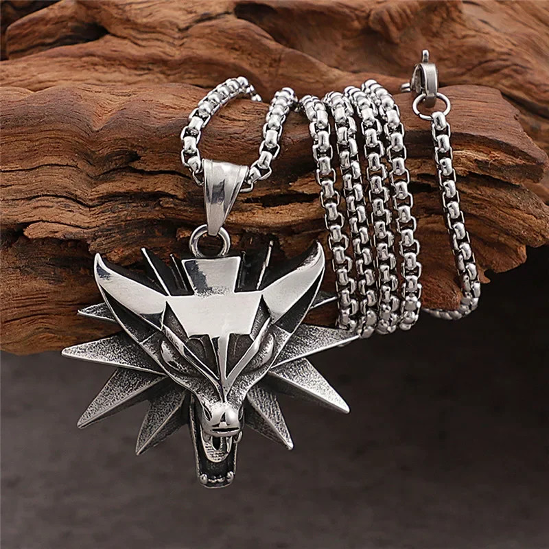 Men’s Pendant Witcher Punk Head Necklace Wolf Rock Biker Jewelry Chain 24″ Gift
