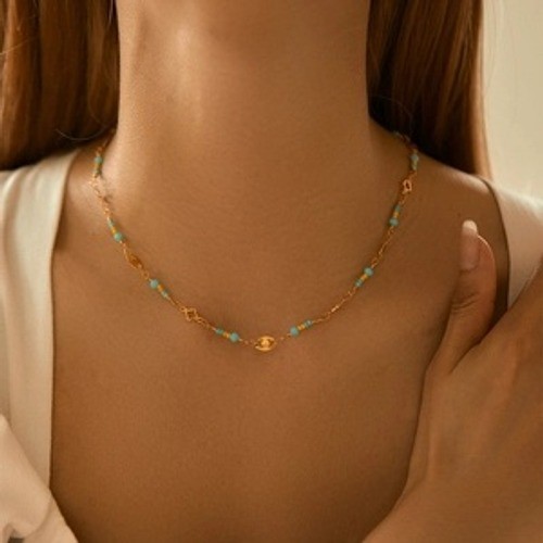 Gold Turquoise Beaded Filigree Chain Necklace Boho Dainty Minimalist 40cm+6cm