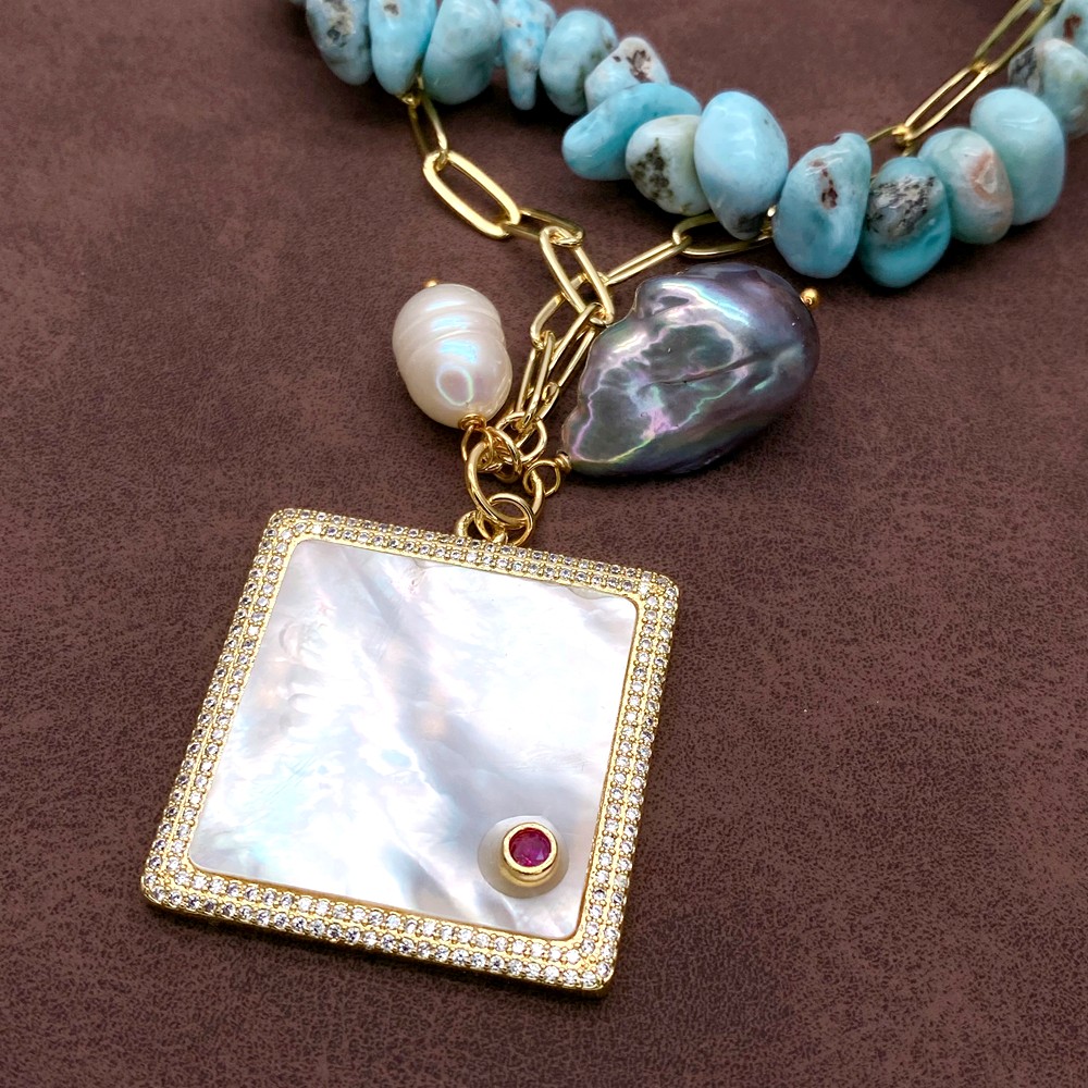 Blue Larimar Chain Choker Necklace White Sea Shell Black Baroque Pearl Pendant