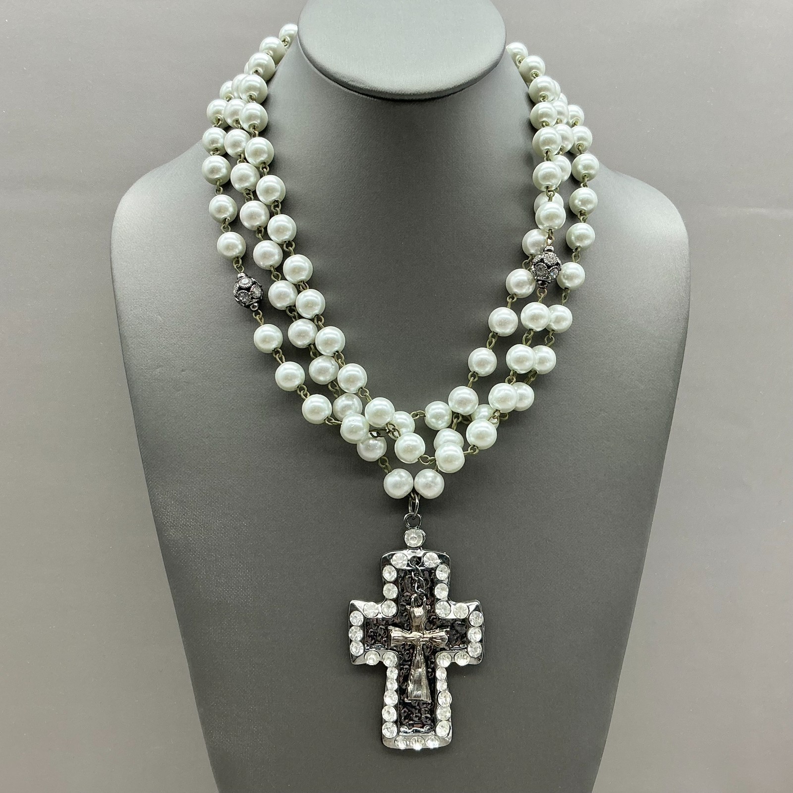 L&F Necklace Faux Pearl Multi Strand Rhinestone Cross Pendant 18-21 In White