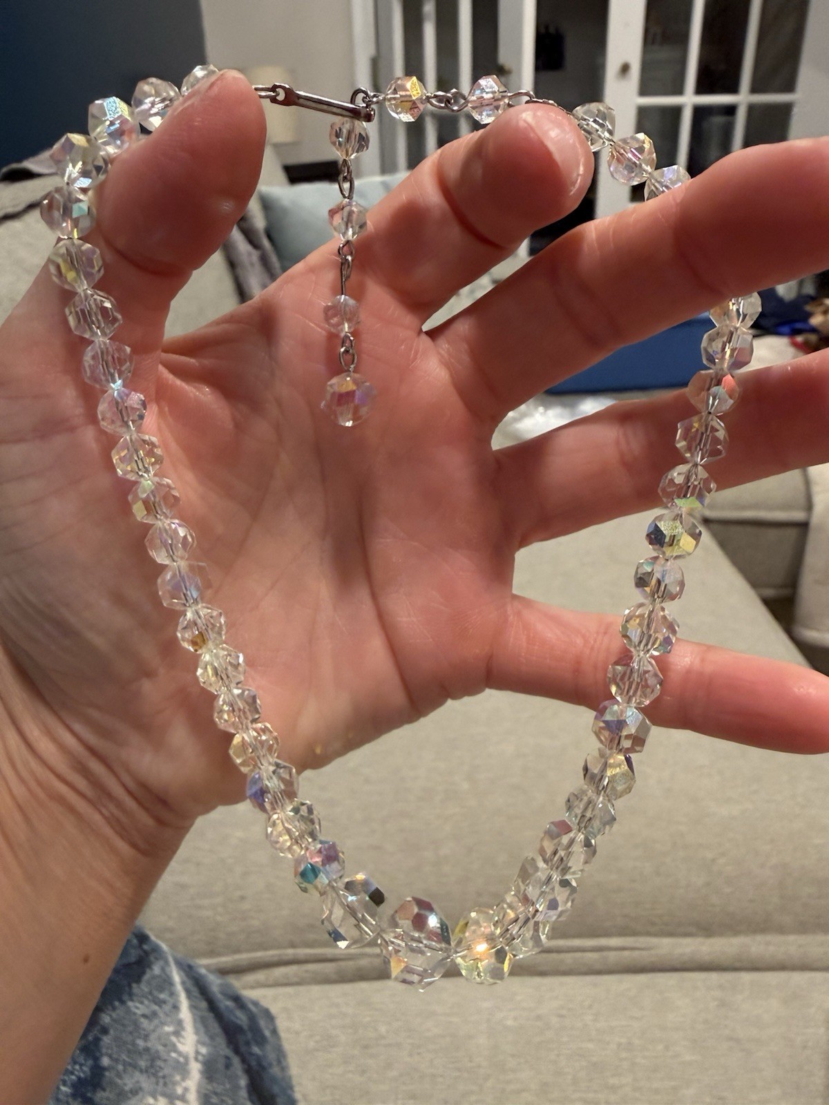 Vintage Aurora Borealis Faceted Crystal Necklace Graduated Hand Linked Jewelry