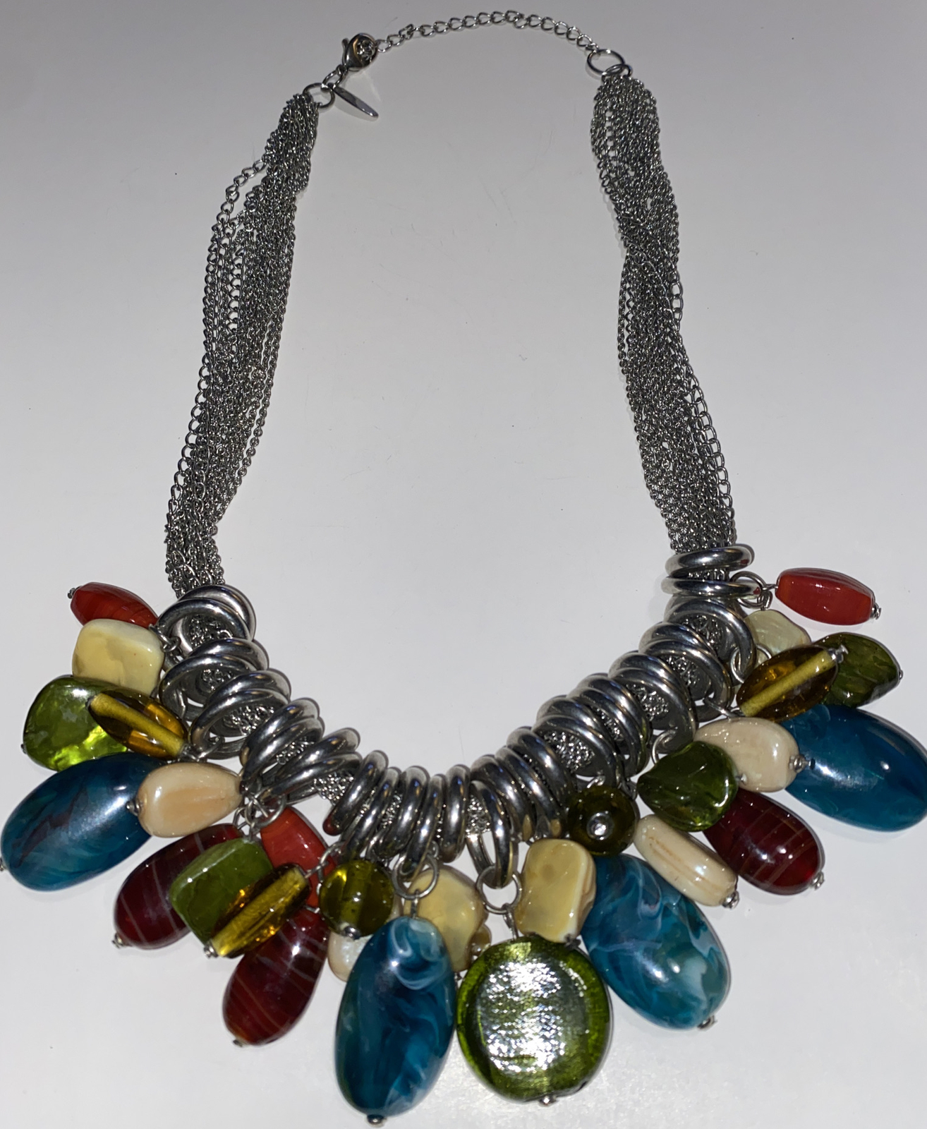VTG Necklace Chunky Silver Tone With Glass, MOP And Other Unknown Stones By NY