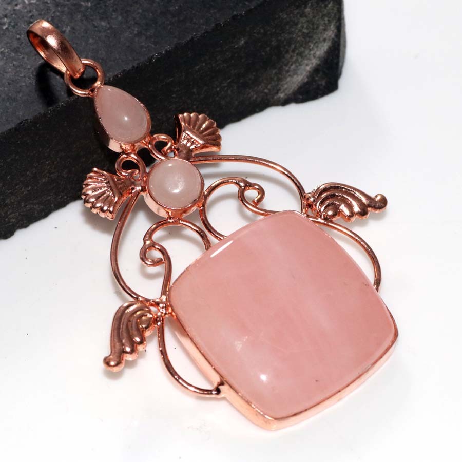 Long Rose Quartz Copper Plated Pendant 2.8″ Women Gifts Limited Stock Deal JW
