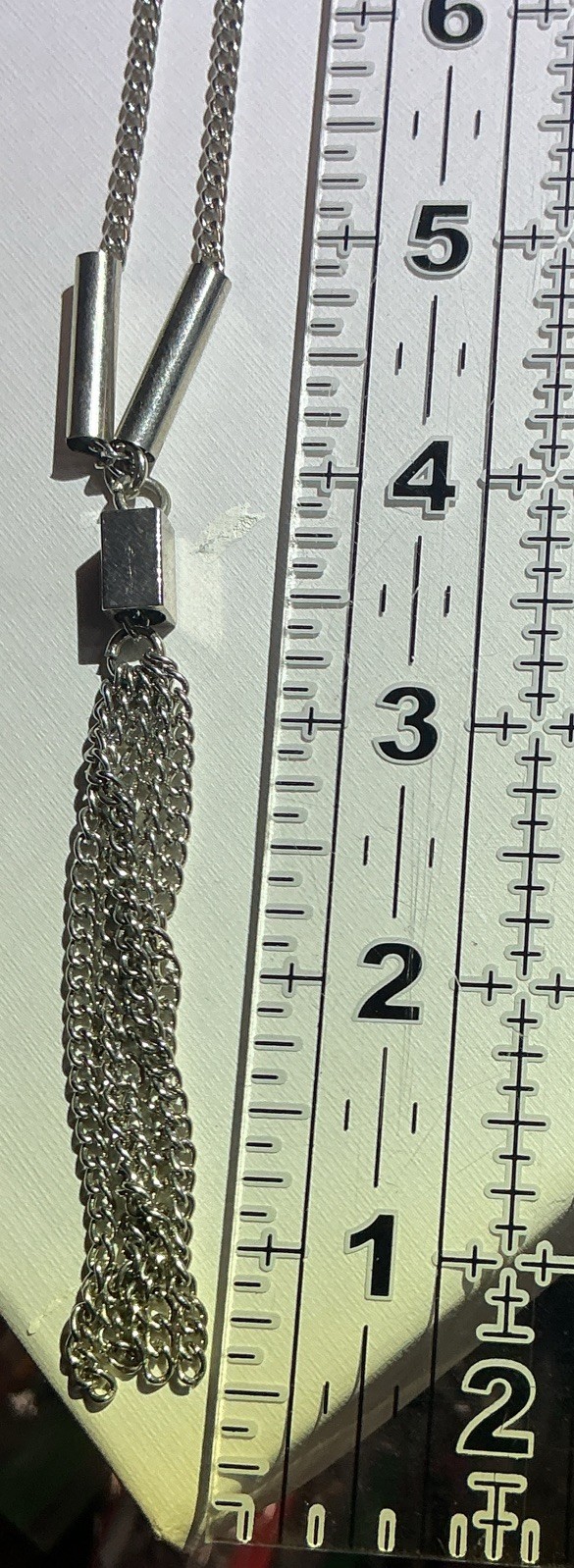 Silver Tone Cable Chain Square Tassel Pendant Necklace Lobster Clasp 34 in