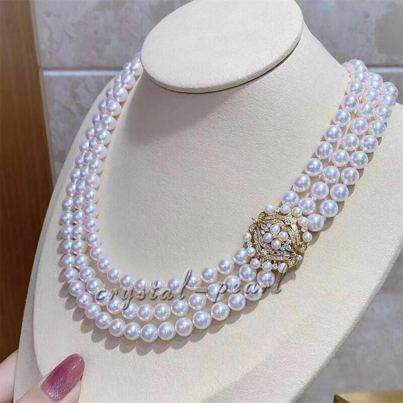 Triple Strands AAA 7-8mm Natural Akoya White Pearl Necklace 18″ Silver