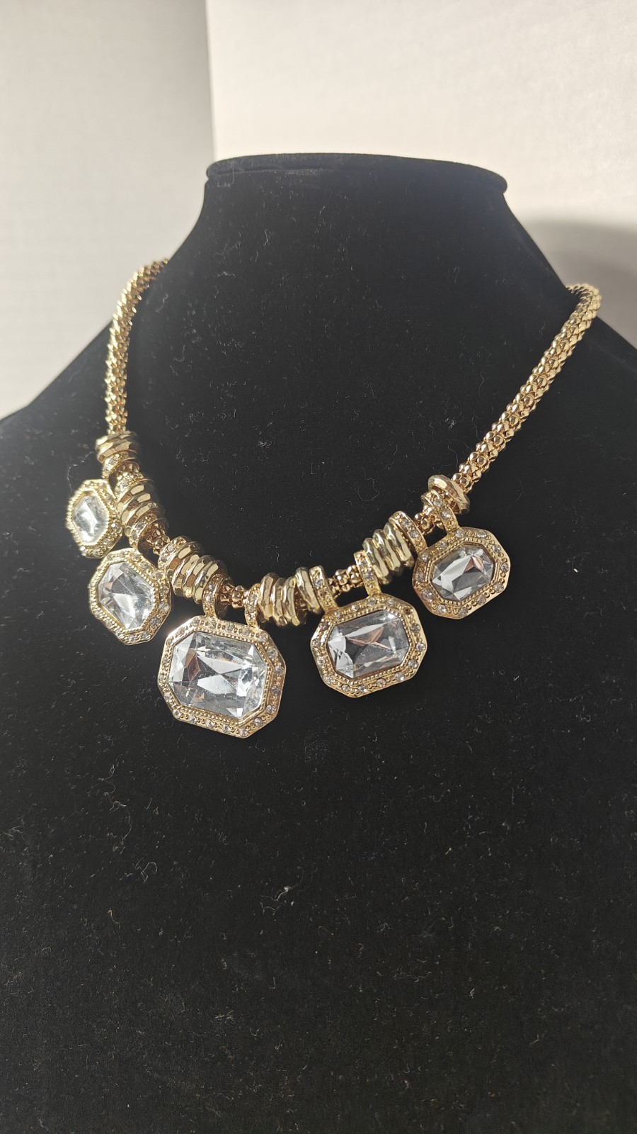 Sofia by Sofia Vergara Statement Necklace Gold Tone Rhinestones Clear Gems 22″