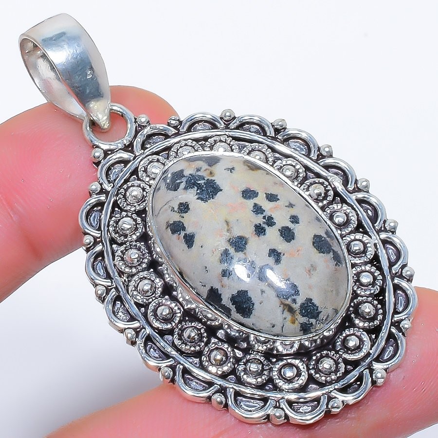 Natural Dalmation Jasper Gemstone 925 Silver Plated Jewelry Pendant 2.3″ S2099