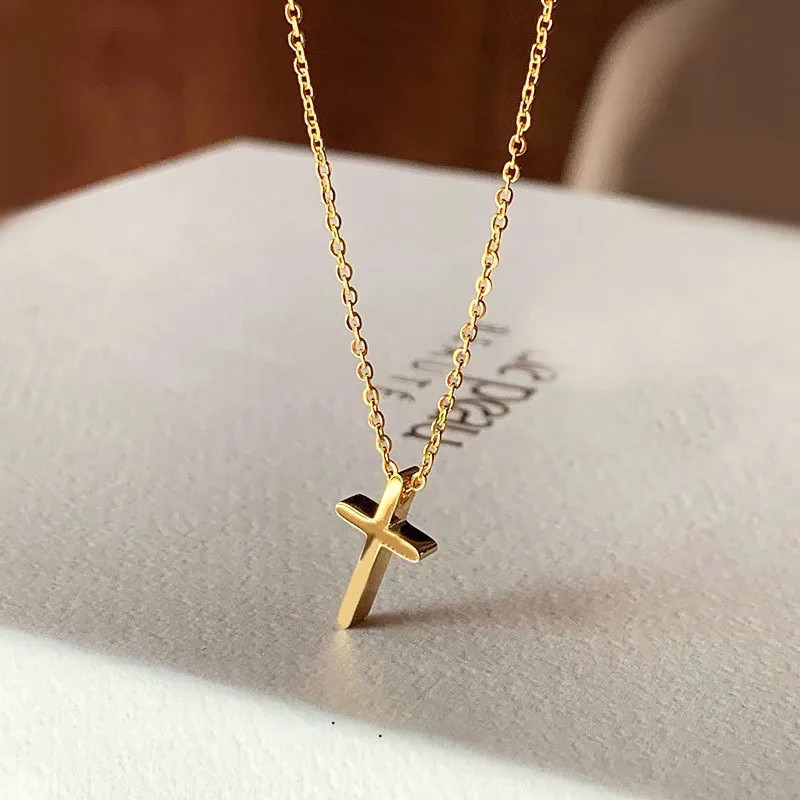 18K PVD Gold Plated Stainless Steel Cross Necklace for Women, Simple Dainty