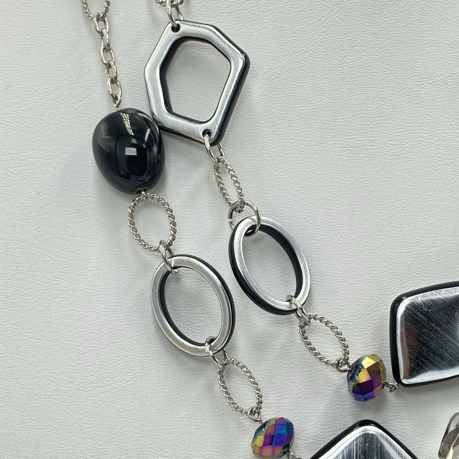 Lia Sophia 50″ Long Silver Tone Statement Necklace Black Beads Signed Jewelry