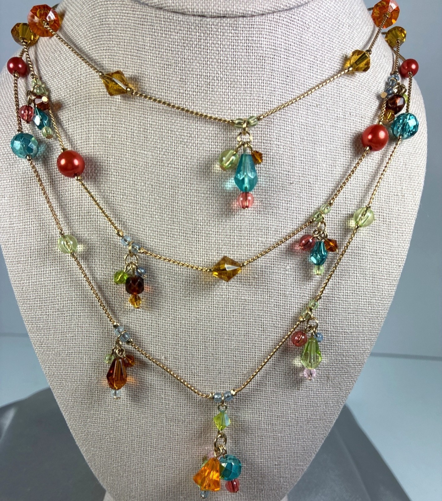 Premier Designs Triple Strand Beaded Necklace Colorful Crystal Look Beads Gold T