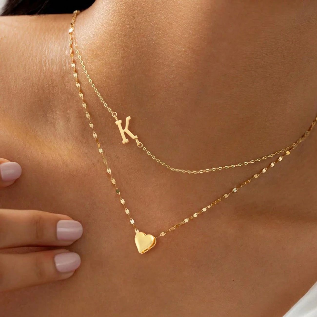 2PCS A-Z Initial Letter Heart Necklace Stainless Steel Heart Charm Pendant Women