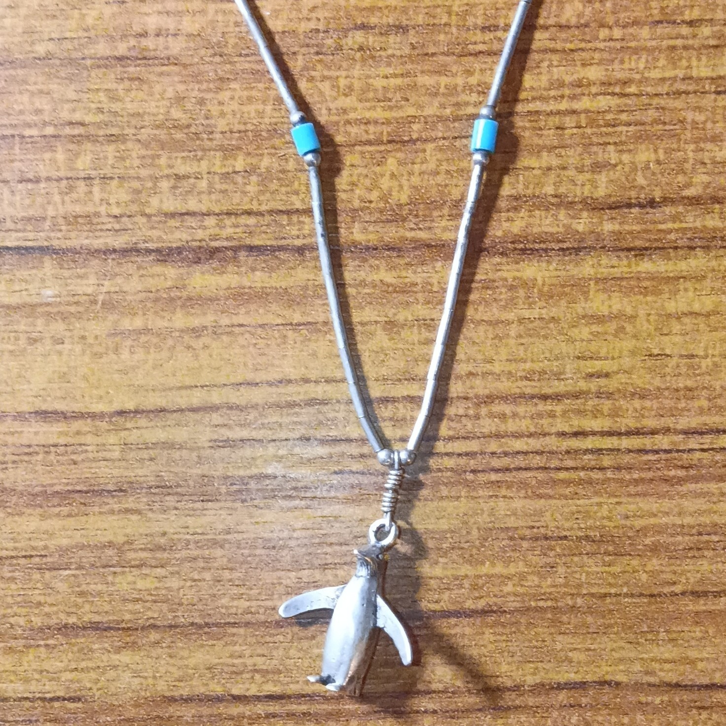 Silver 925 Liquid Chain Necklace Penguin Charm Turquoise Accents Magnetic