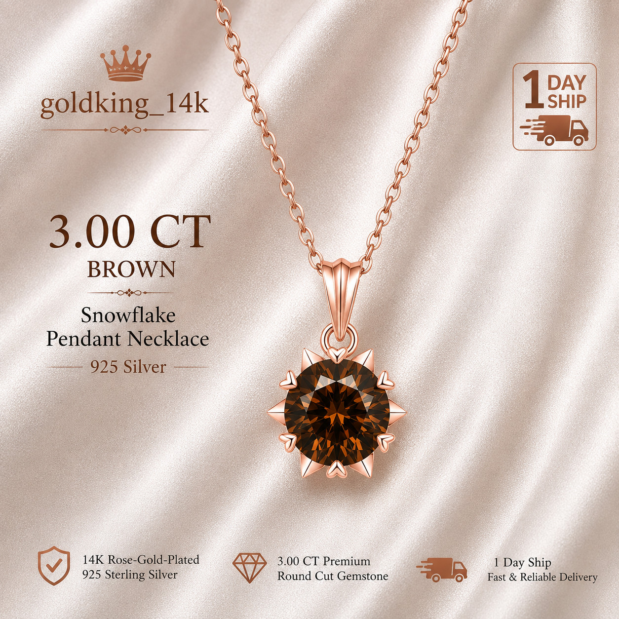 3.00Ct Round Cut Brown Snowflake Pendant Necklace Women 14K Rose Gold Plated