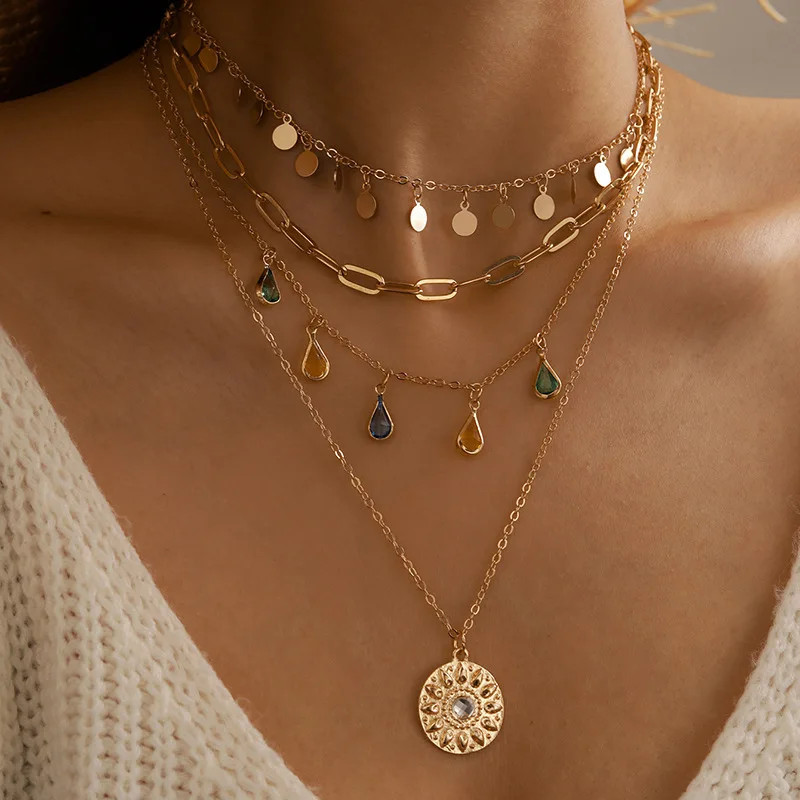 Bohemian Geometric Circular Tassel Crystal Multi-Layer Necklace Women’s Ethnic F