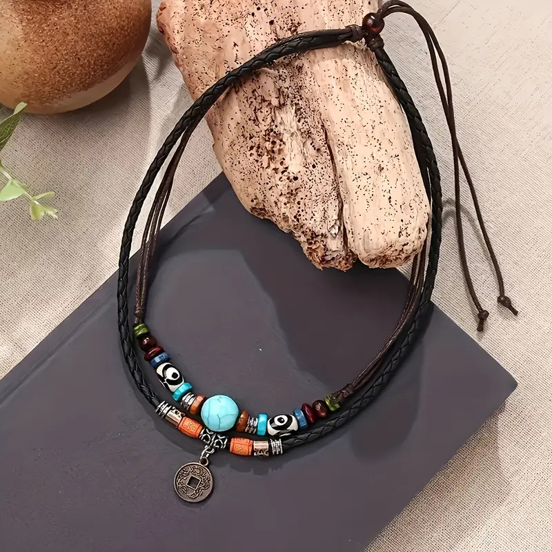 Western Layered Boho Wood Beads Copper Coin Choker Necklace