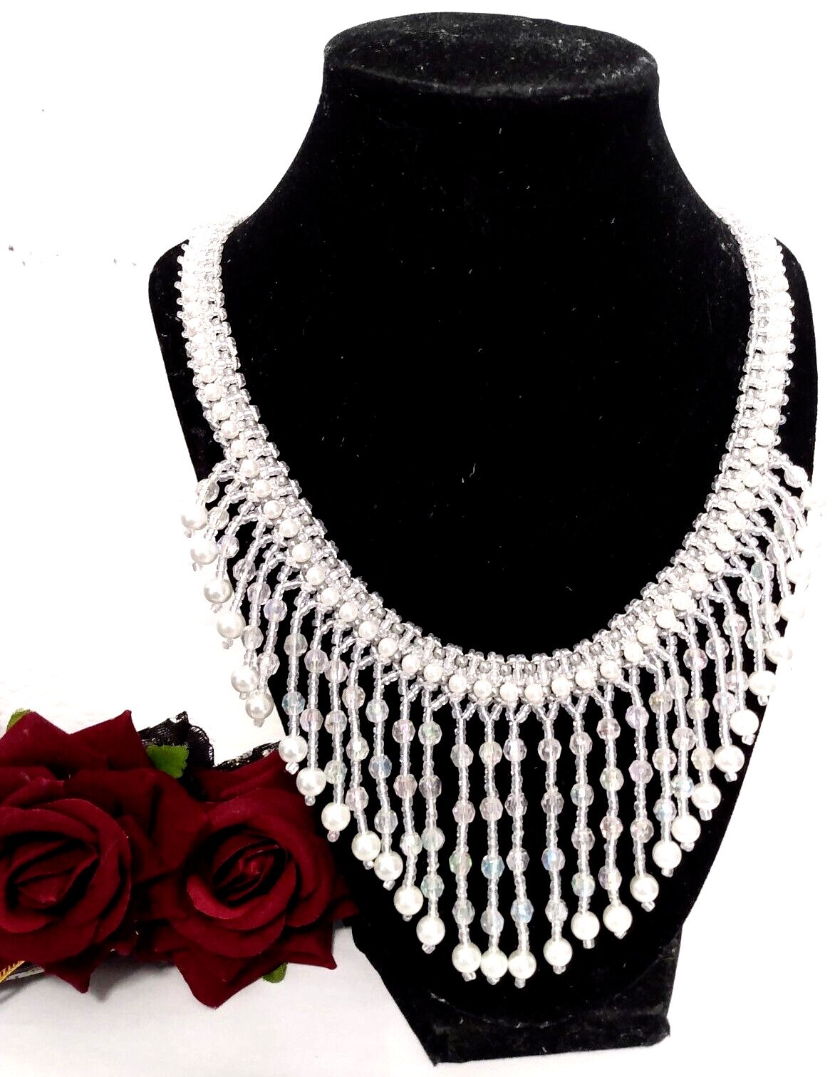x159 – Dainty Glass Seed Bead Bib Choker Elegant Handmade 10″ White Wedding Gift