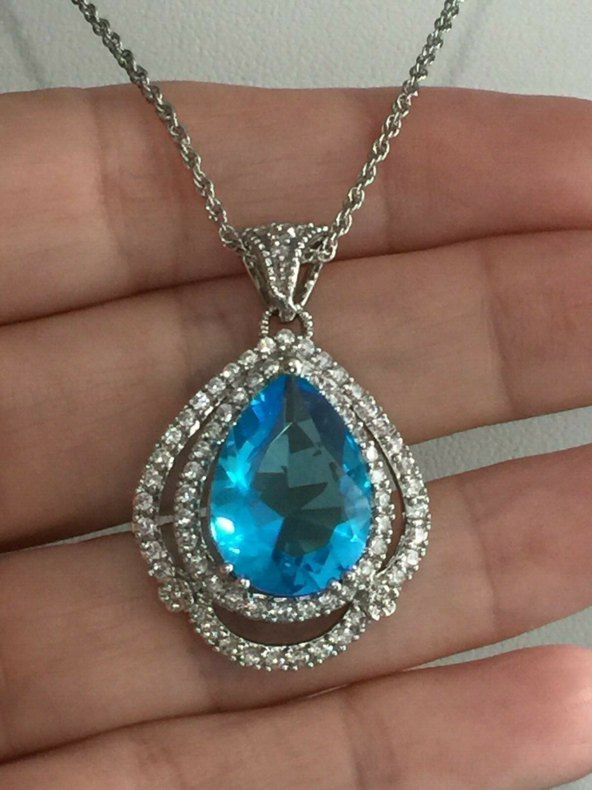 Stunning Blue Crystal & Clear CZ Statement Pendant Silvertone Brass 18 + 2 Inch