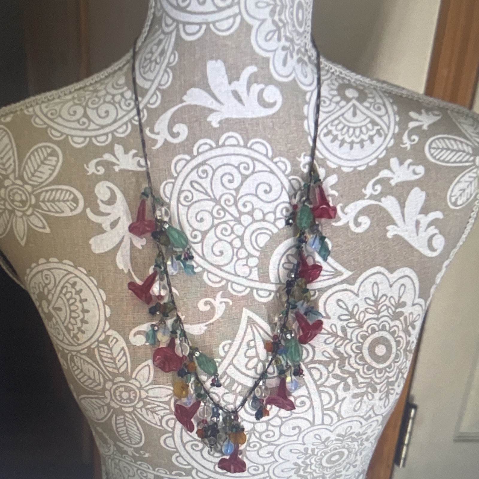 Multicolor Multi-Strand Beaded Charm Necklace Glass & Crystal Silver
