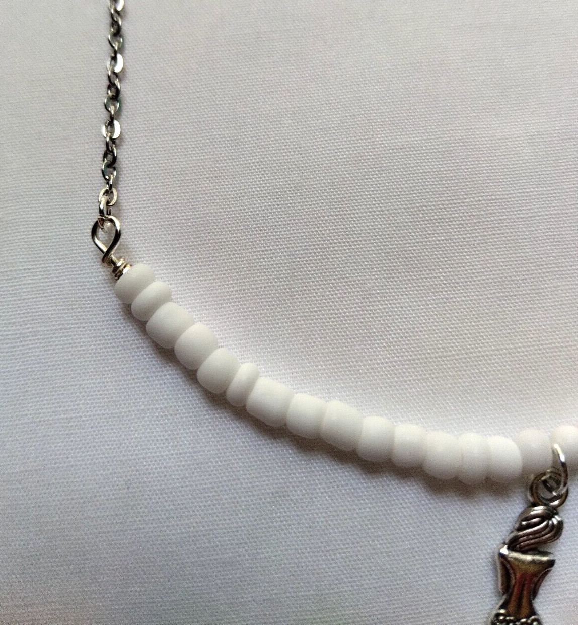 Silver Tone Mermaid Charm White Glass Bead Necklace Handmade Beach Boho Chic