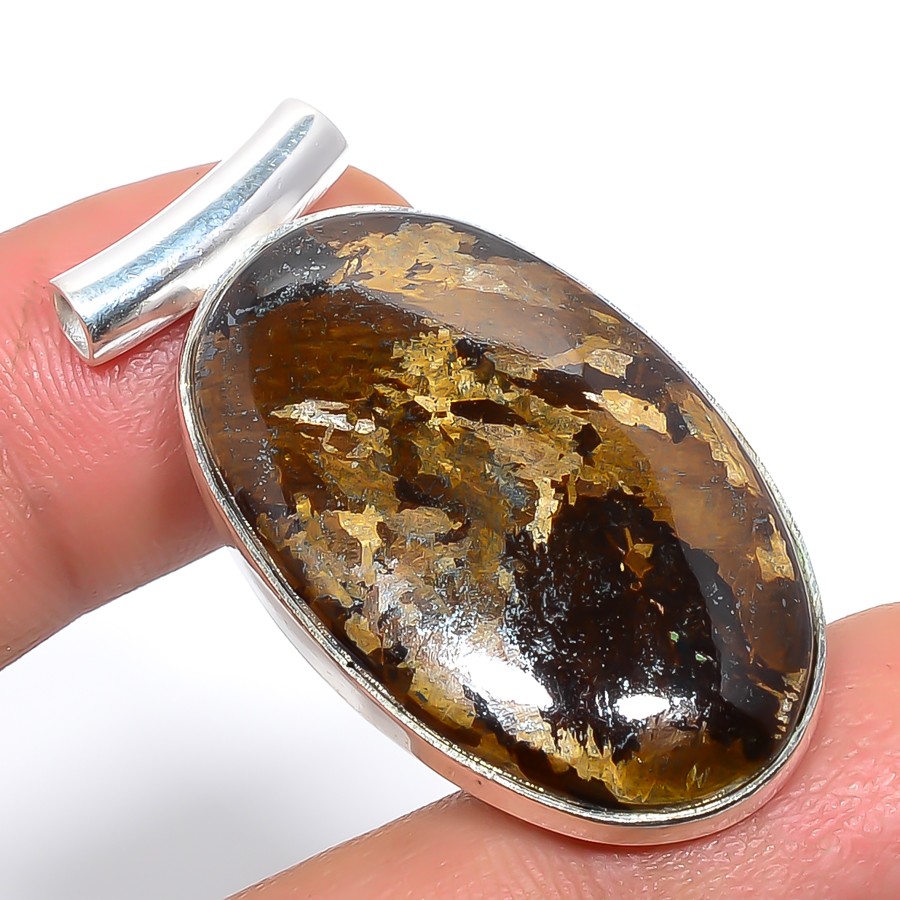 African Bronzite Jasper Ethnic Silver Handmade Pendant 1.6″ T87