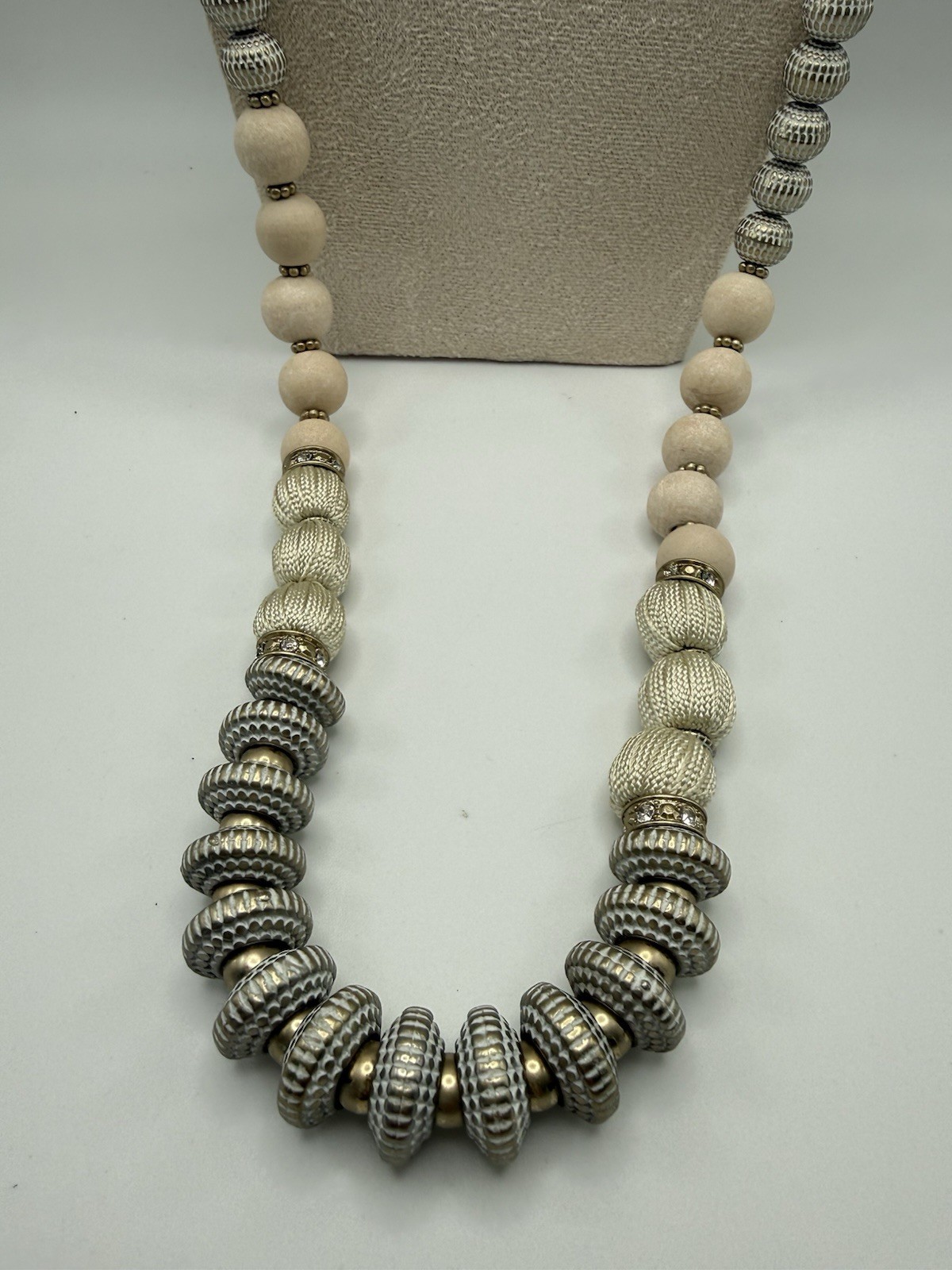 Chico’s 40” Mixed Metals & Textures Beaded Necklace Gold/Silver/Pink/Beige Tones