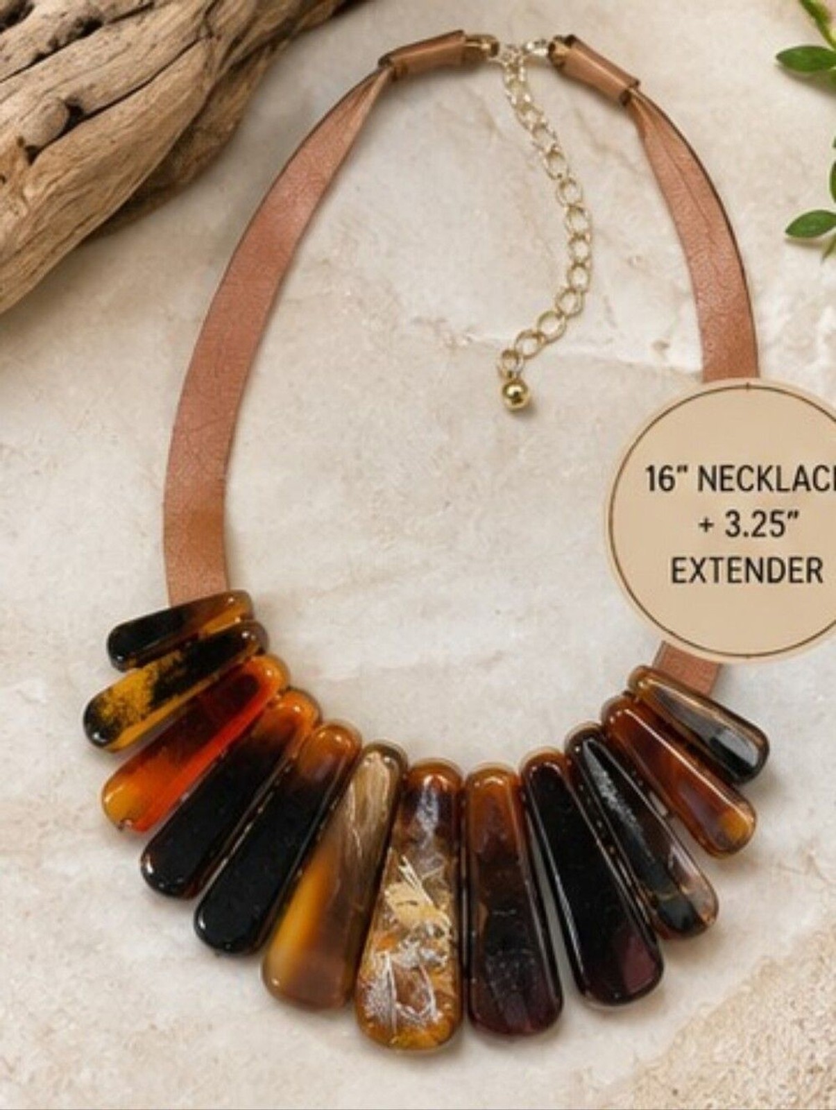 Vintage Genuine Leather Acrylic Statement Necklace Brown Amber Tortoiseshell Bib