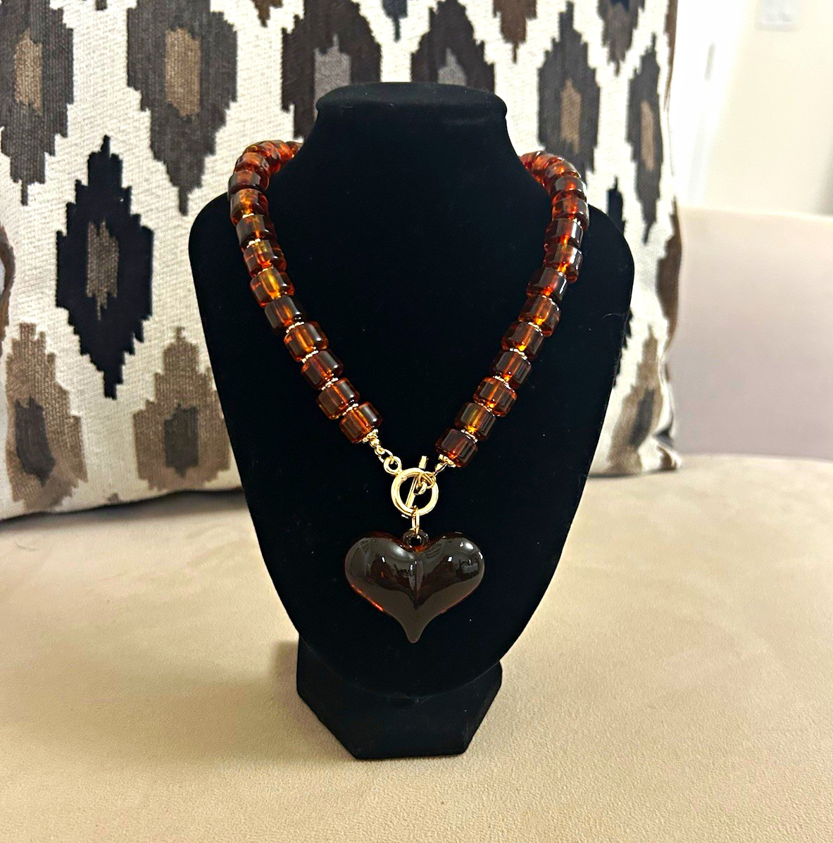 Brown Glass Beaded Ball Chain Necklace Heart Charm Pendant Toggle Closure