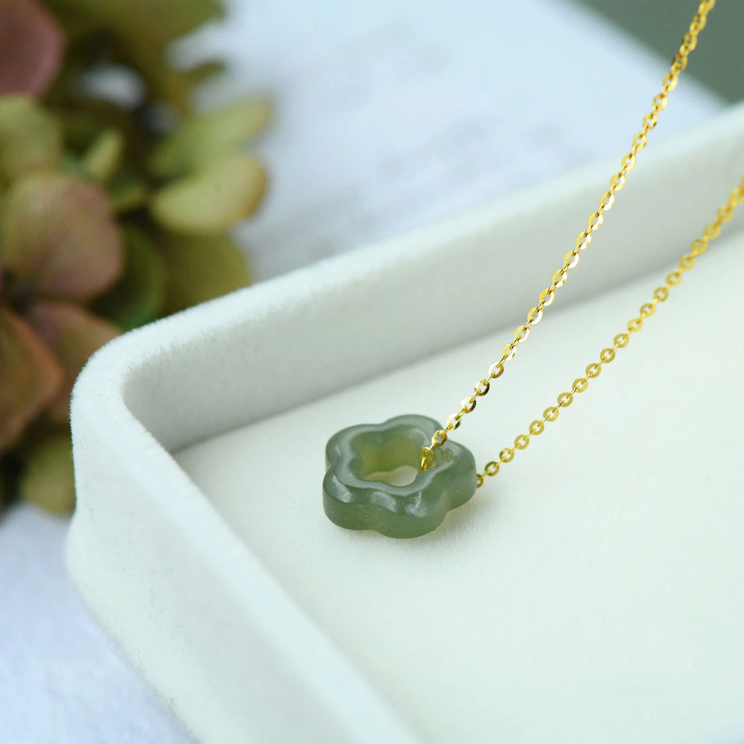 Dark Green Jade Flower Pendant Necklace Amulet Protection Dainty Minimalist