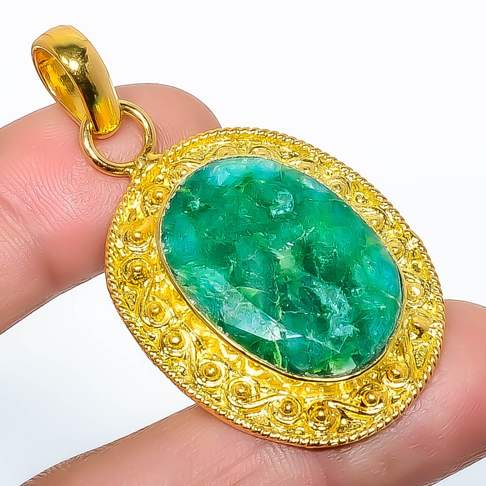 Emerald (Lab-Created) 18k Yellow Gold Plated Pendant 1.95″ P7622-159