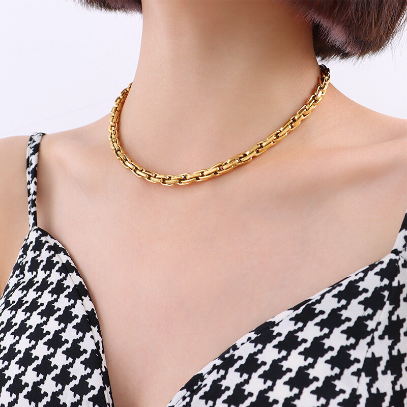 6mm Woman 18K Gold Plated Stainless Steel Heavy Link Bracelet Chain Necklace