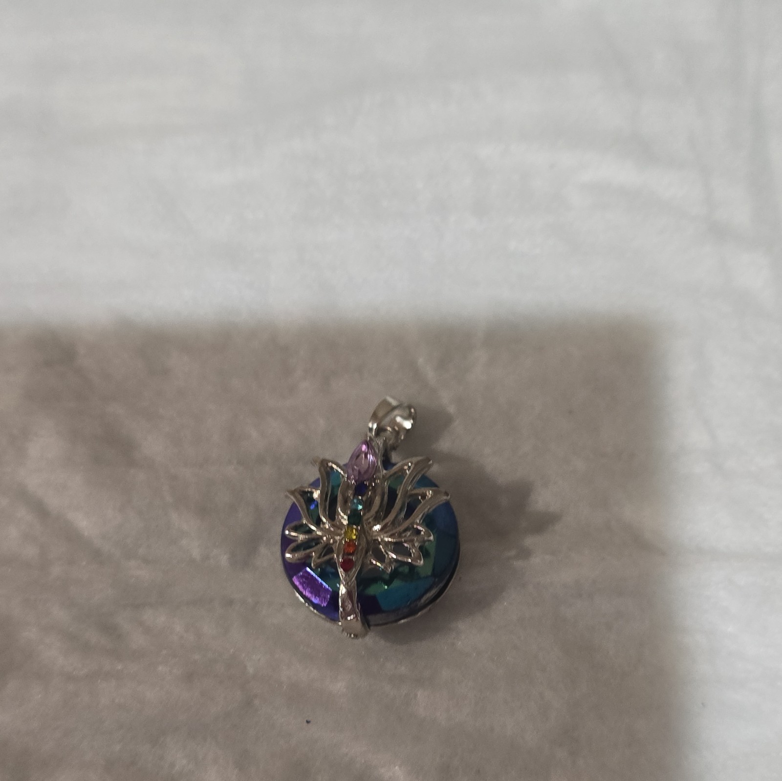 Silver Tone Metal Round Lotus Flower Charm Pendant, Multicolor Crystal