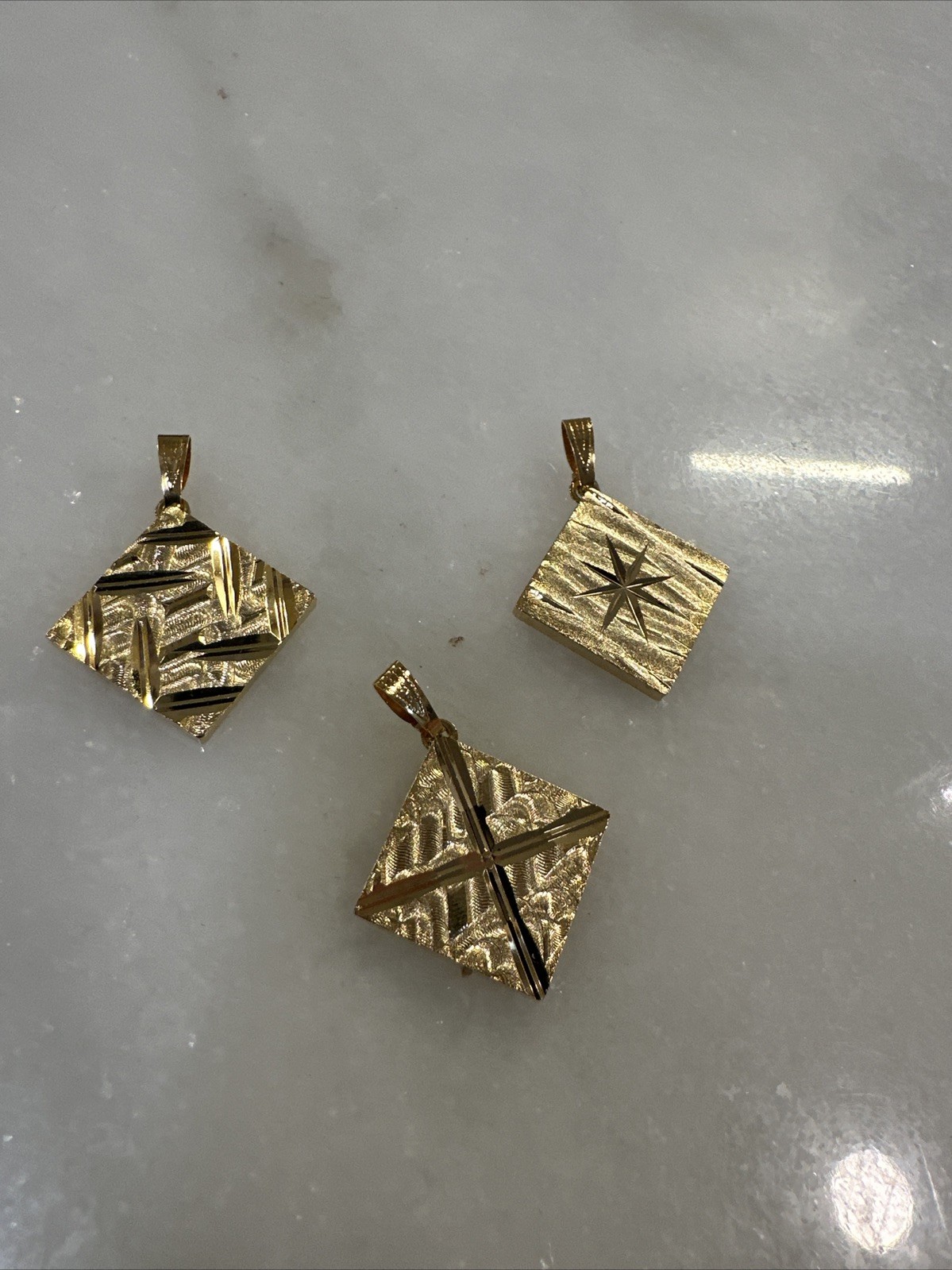 Three Gold/Gold-tone Pendants, Square/diamond Shaped Cuts Sparkly