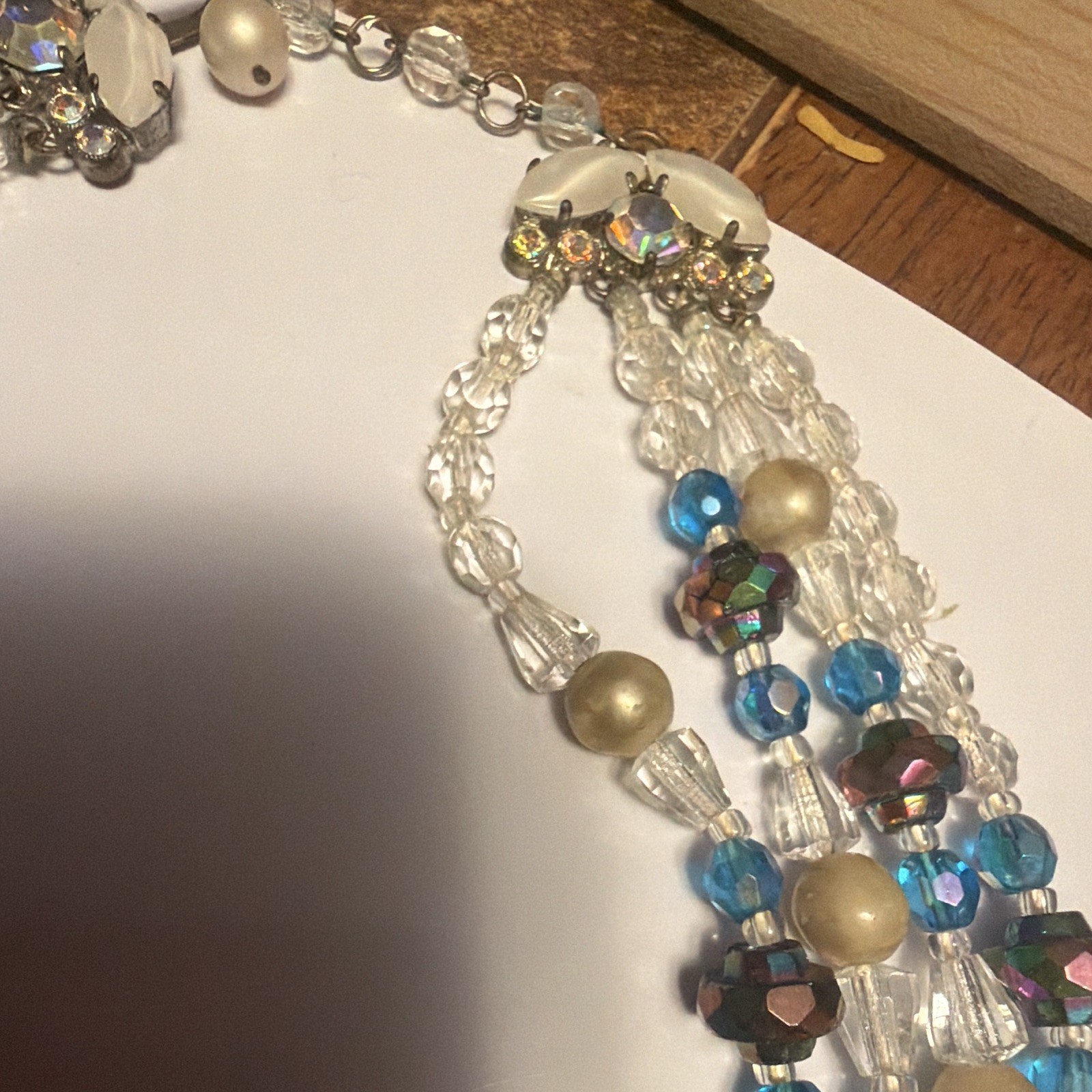 Vintage Multi-Strand Layered Blue Clear Crystal & Cream Imitation Pearl Necklace
