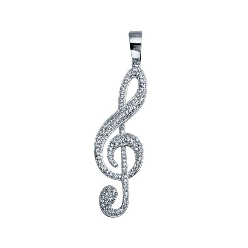 Rhodium Plated 925 Sterling Silver Treble Clef Musical Note Hip Hop CZ Pendant