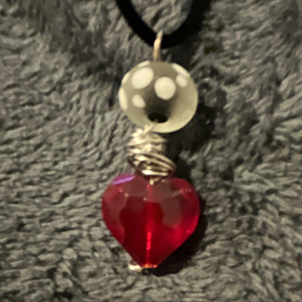 Black Cord Necklace Red Heart Crystal Pendant Wire Wrap Glass Bead Lobster